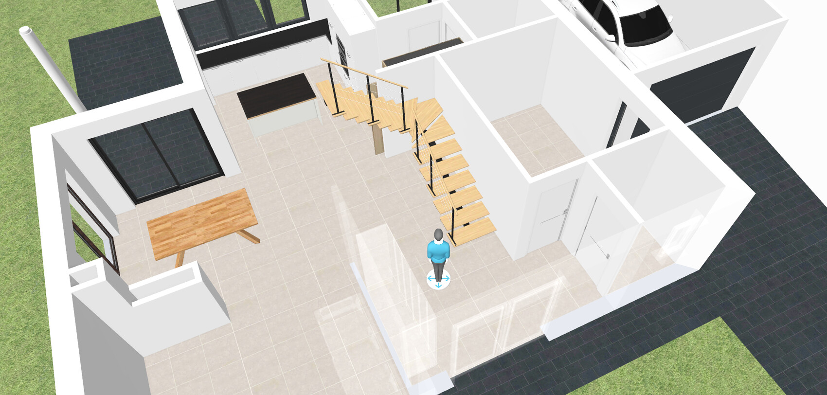 3D-Render eines offenen Hauses: Küche, Esstisch, Treppe, Fliesenboden und Garage mit Auto.
