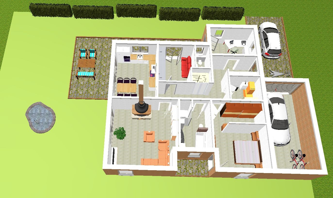 3D-Grundriss eines Hauses: Wohnzimmer, Küche, Essbereich, Schlafzimmer, Bad, Garage, Garten, Pool