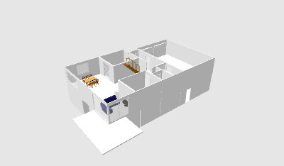 Isometrischer 3D-Grundriss eines Hauses mit mehreren Zimmern, Flur und Eingang.