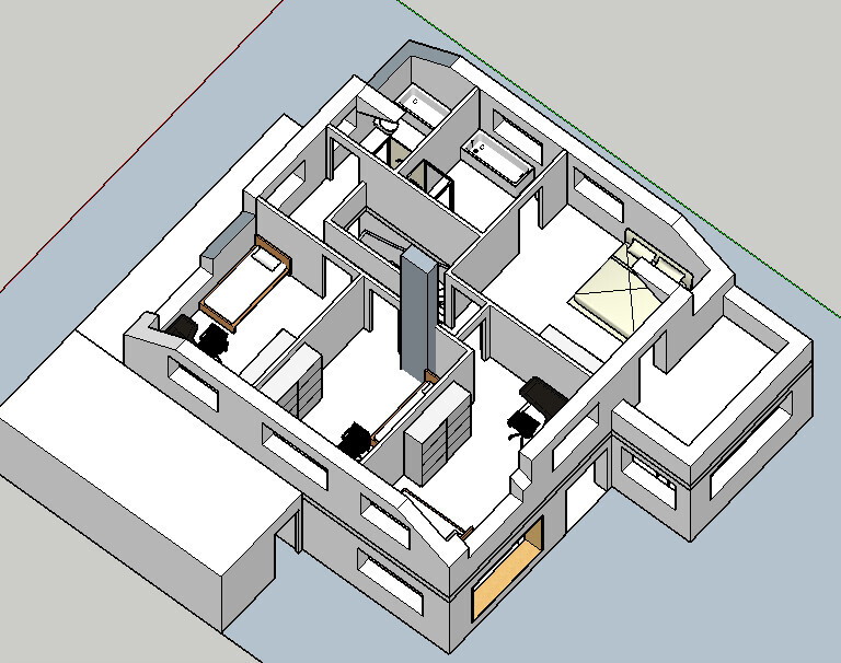 Isometrischer Grundriss eines Mehrzimmer-Appartements mit Betten, Tischen und Schränken.