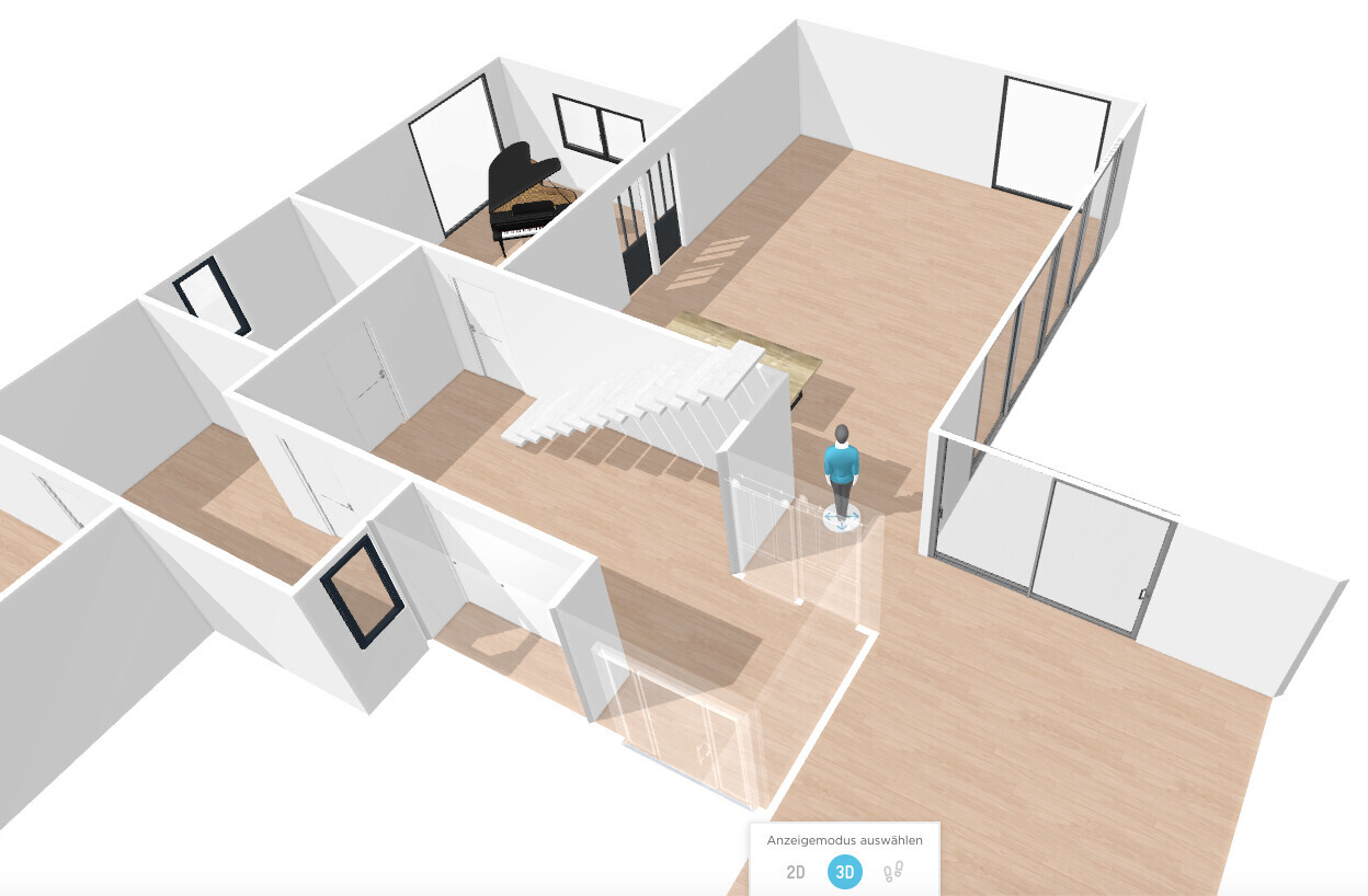 3D-Architekturmodell: offener Wohnbereich mit Treppe, Glaswänden, Piano und Person