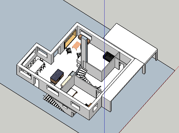 Isometrischer 3D-Grundriss eines Hauses mit Treppen und Möbeln.