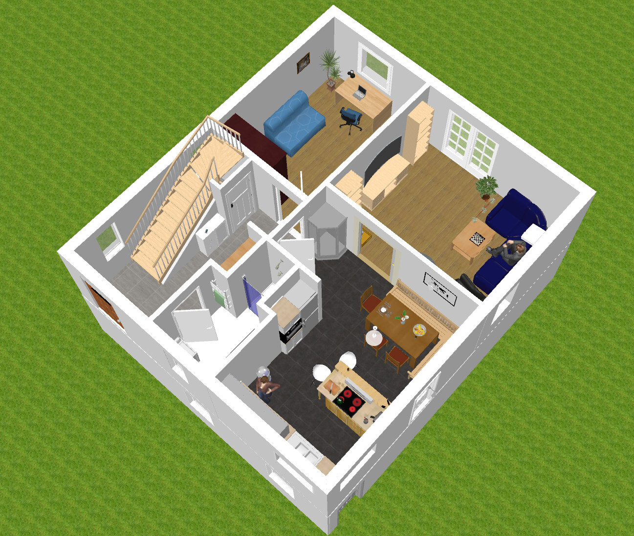 Isometrischer Grundriss eines Hauses: Küche, Esszimmer, Wohnzimmer, Büro, Schlafzimmer.