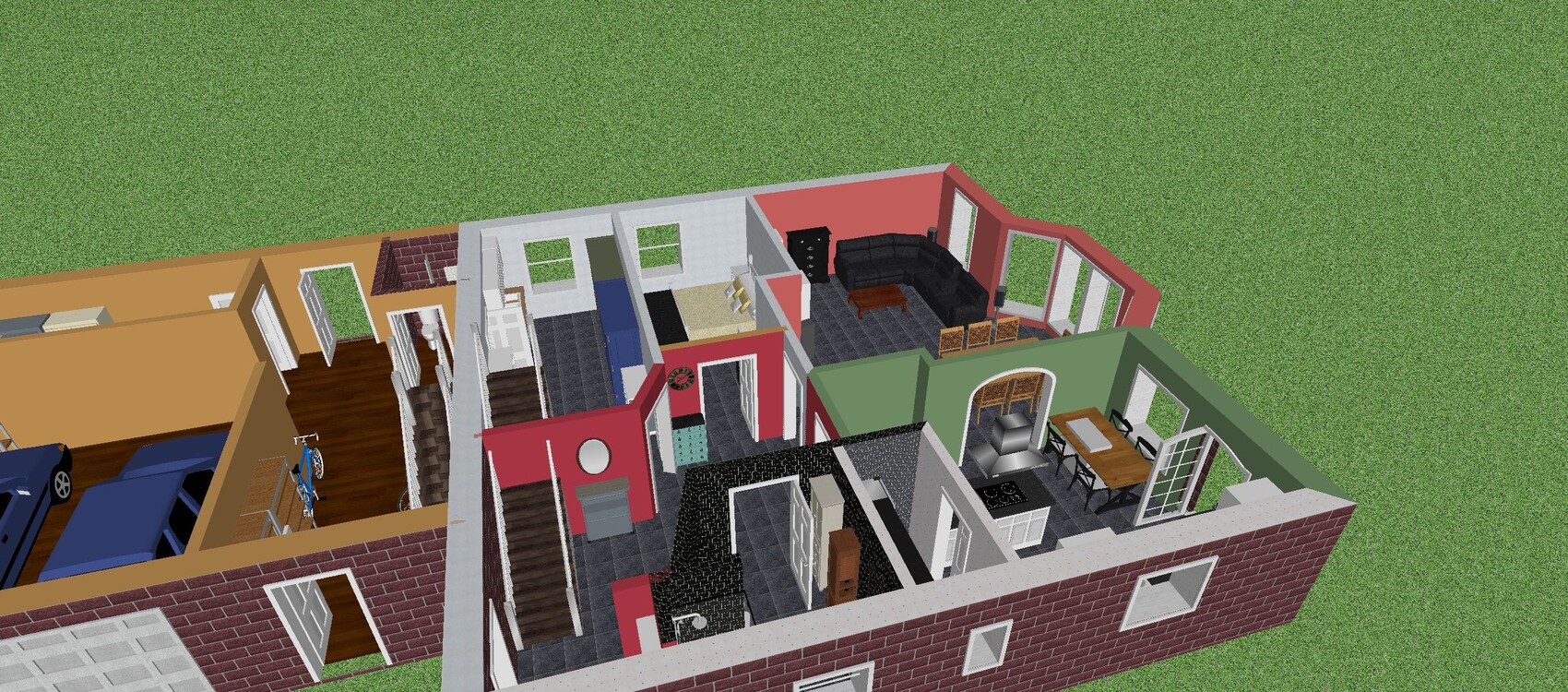 Isometrischer 3D-Hausgrundriss: Garage, mehrere farbige Zimmer, Küche, Wohnzimmer und Garten.