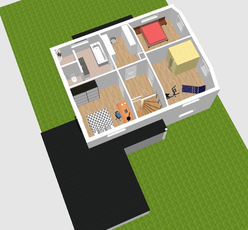 3D-Ansicht eines Einfamilienhaus-Grundrisses mit Schlafzimmer, Arbeitszimmer, Treppe und Garten.