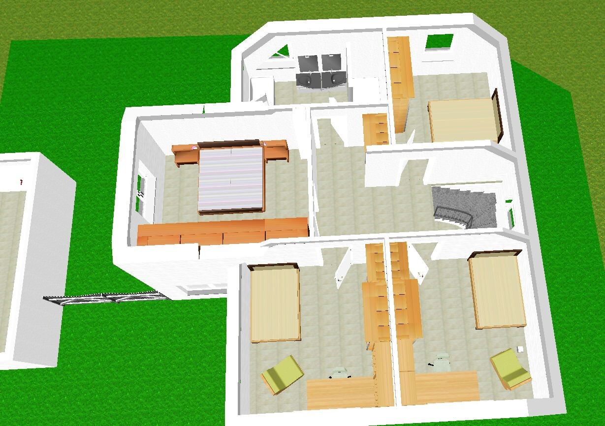 Vogelperspektive: 3D-Floorplan eines Hauses mit Schlafzimmer, Wohnzimmer, Flur und Garten.