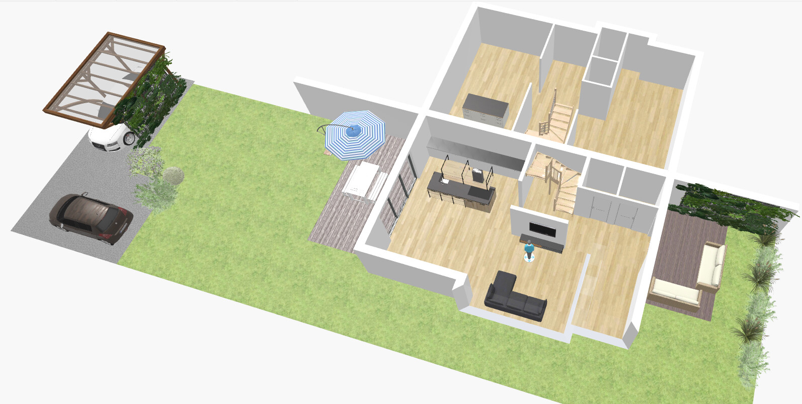 3D-Haus-Grundriss mit Innenräumen, Terrasse und Garten