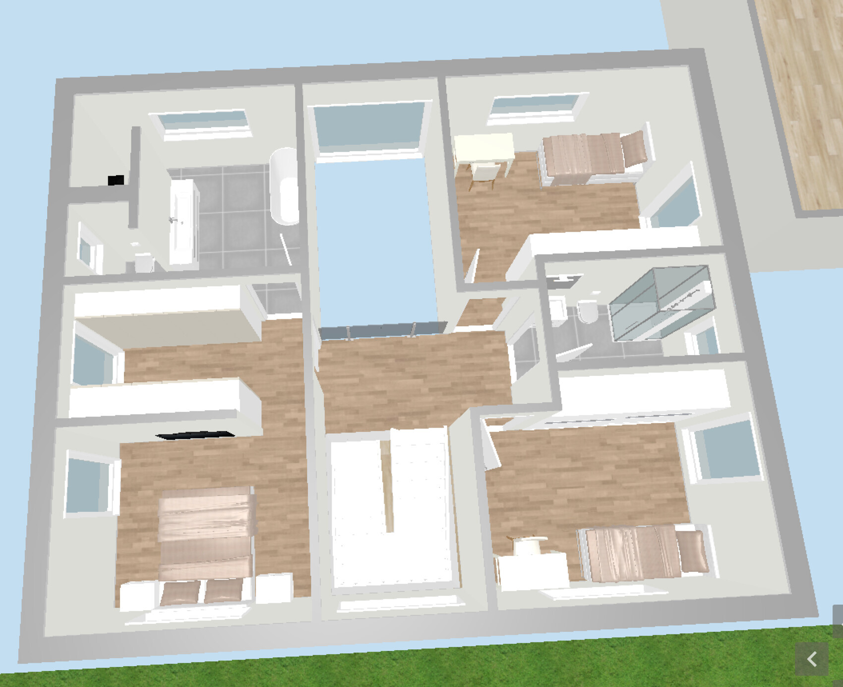 3D-Grundriss eines Hauses mit Schlafzimmern Bad Küche Flur und Wohnzimmer