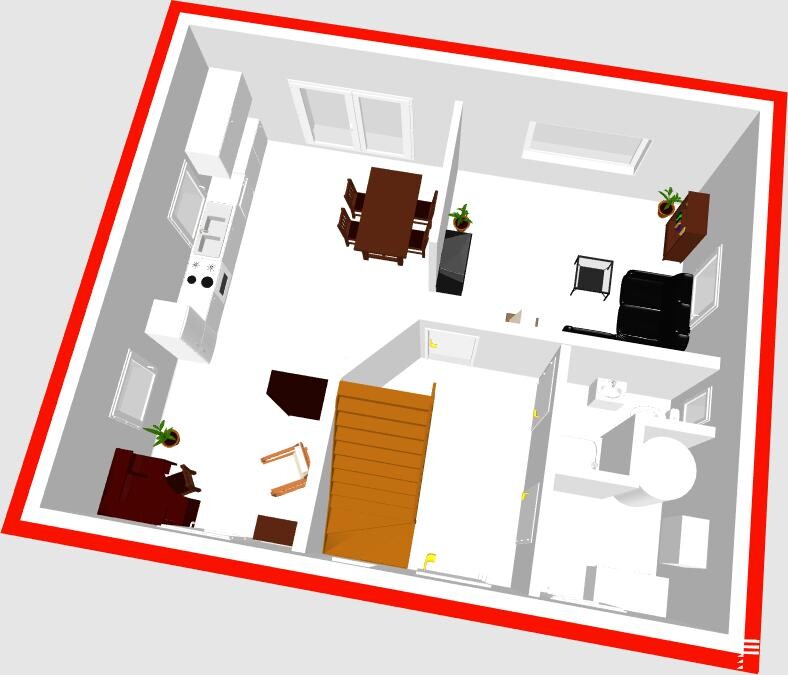 3D Grundriss eines Hauses mit Treppen, Küche, Essbereich und Wohnzimmer