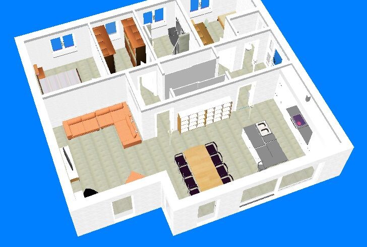 Isometrischer 3D-Grundriss eines Hauses mit Wohnzimmer, Küche und Essbereich
