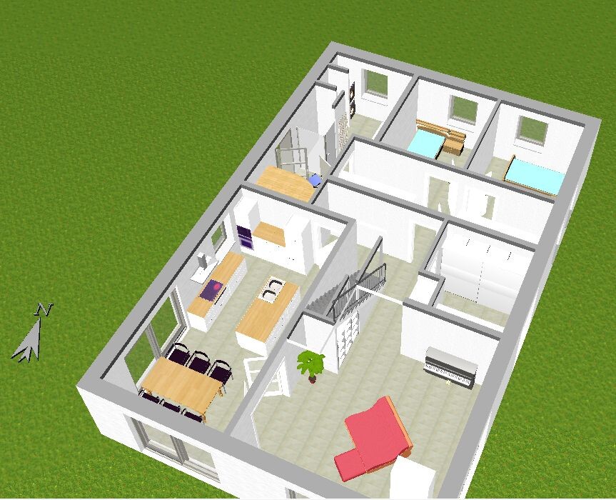 Isometrischer Hausgrundriss: Küche mit Esstisch, Wohnzimmer mit rotem Sofa, zwei Schlafzimmer.