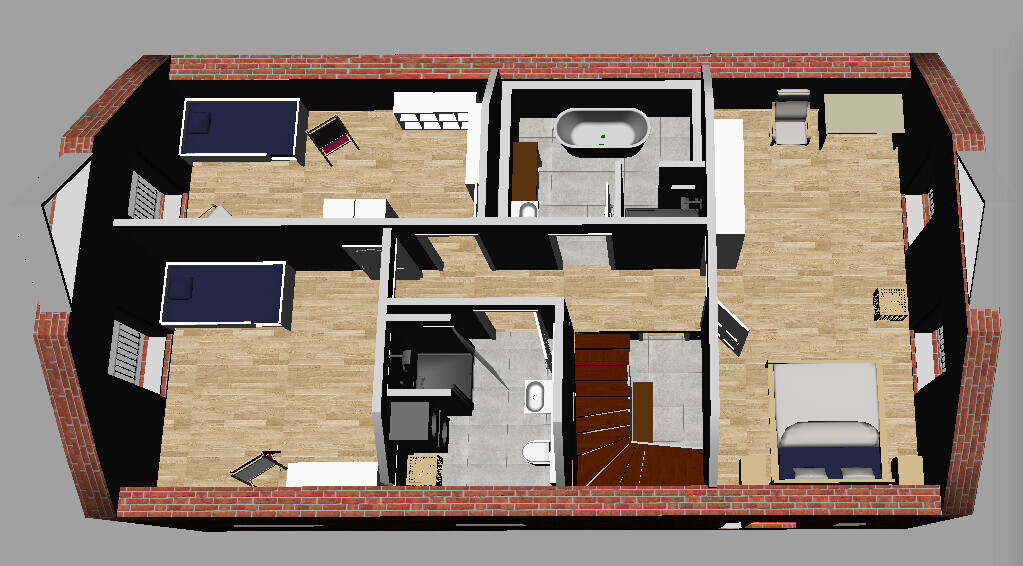 3D-Grundriss eines Hauses mit Schlafzimmern, Bad, Treppen und Wohnzimmer.