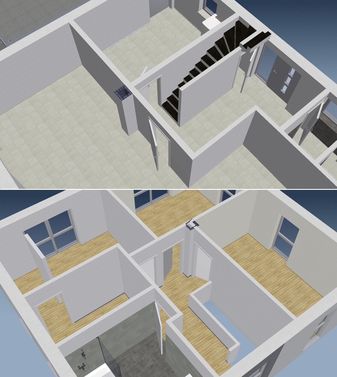 3D-Innenraum mit Treppe, Türen, Fenstern und Holzboden in zwei Ebenen.