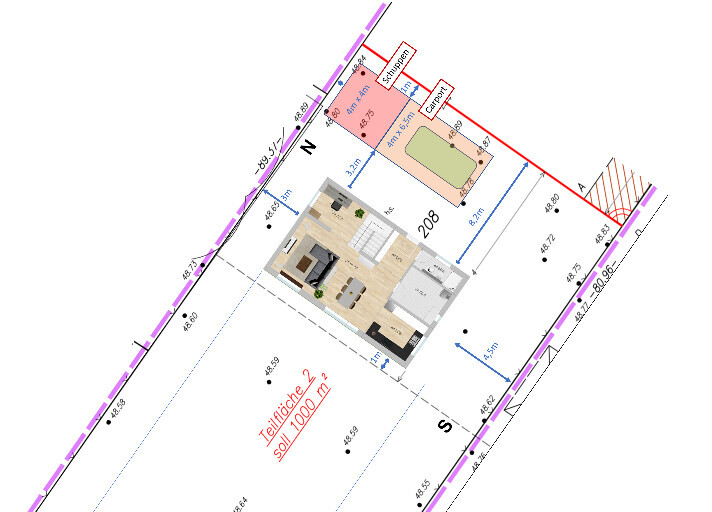 Grundrissplan eines Grundstücks mit Innenansicht eines offenen Wohnbereichs (Wohnzimmer/Küche).