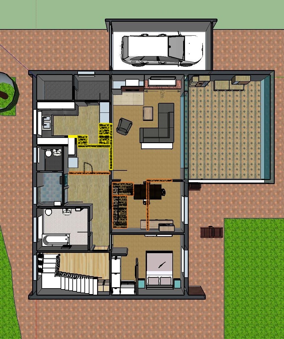 Vogelperspektive eines Haus-Grundrisses mit Garage, Wohnzimmer, Schlafzimmer und Bad.