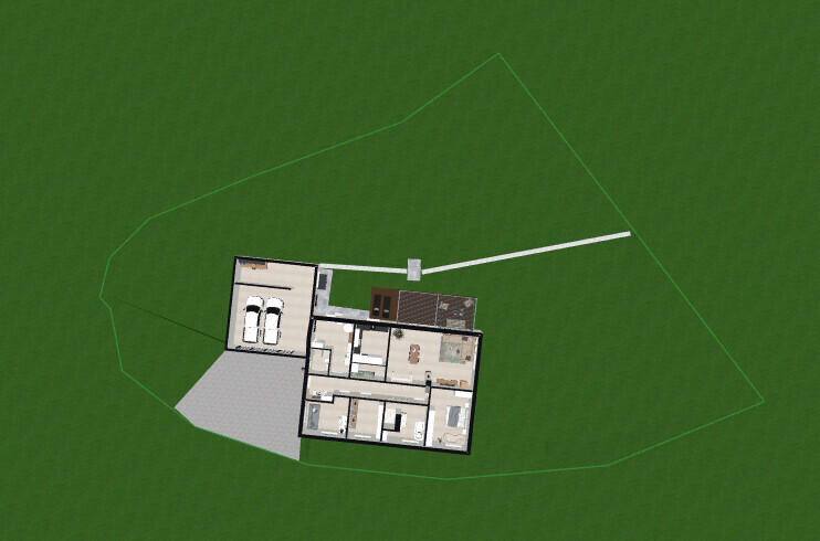 Draufsicht eines 3D-Hausgrundrisses auf grünem Grundstück mit Garage und Zufahrt