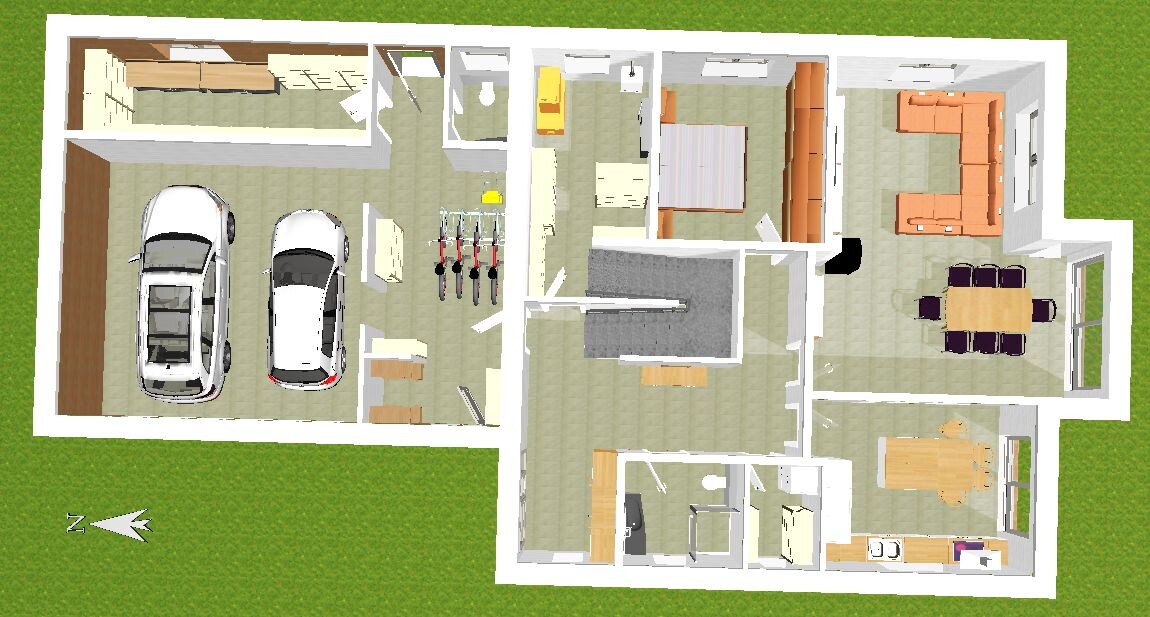 Grundriss eines Hauses von oben: Garage mit zwei Autos, Küche, Esszimmer, Wohnzimmer, Bad