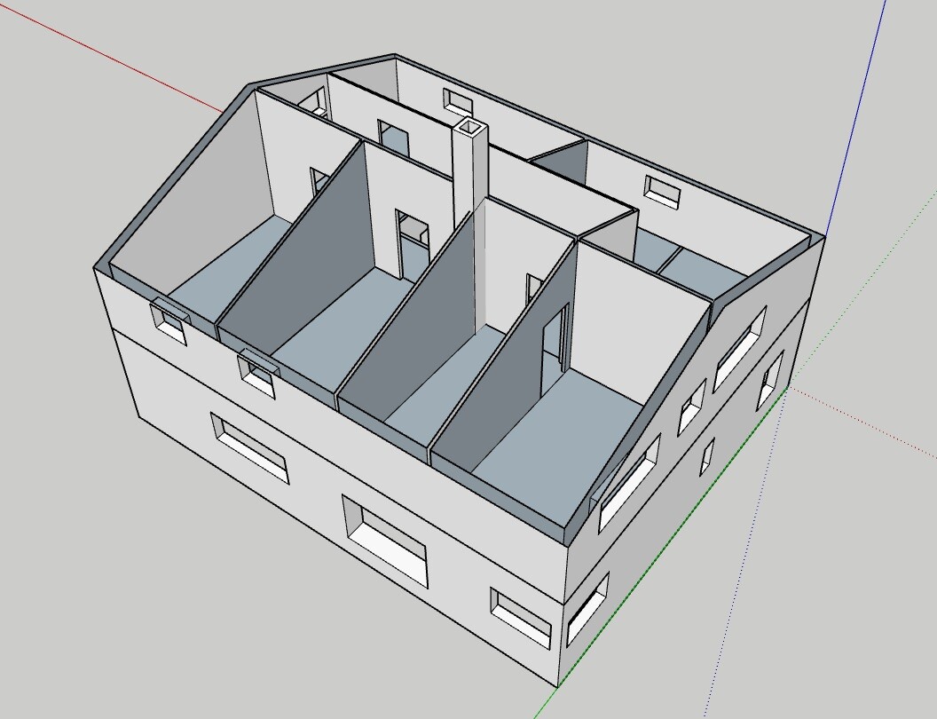 3D-Modell eines Gebäudes mit Innenwänden, Türen und Fenstern.