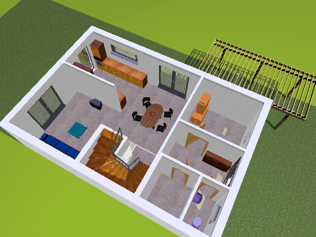 Isometrischer Grundriss eines Hauses mit Wohnzimmer, Esstisch, Treppe, Küche und Außenpergola.