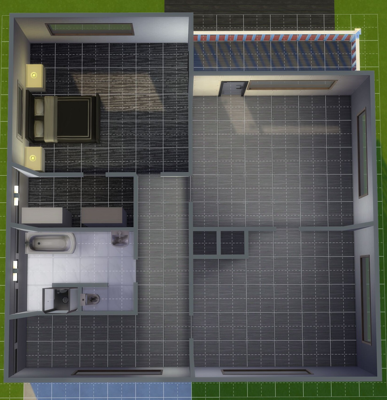 Topansicht eines modernen 3D-Hausgrundrisses mit Schlafzimmer, Bad und offener Wohnbereich