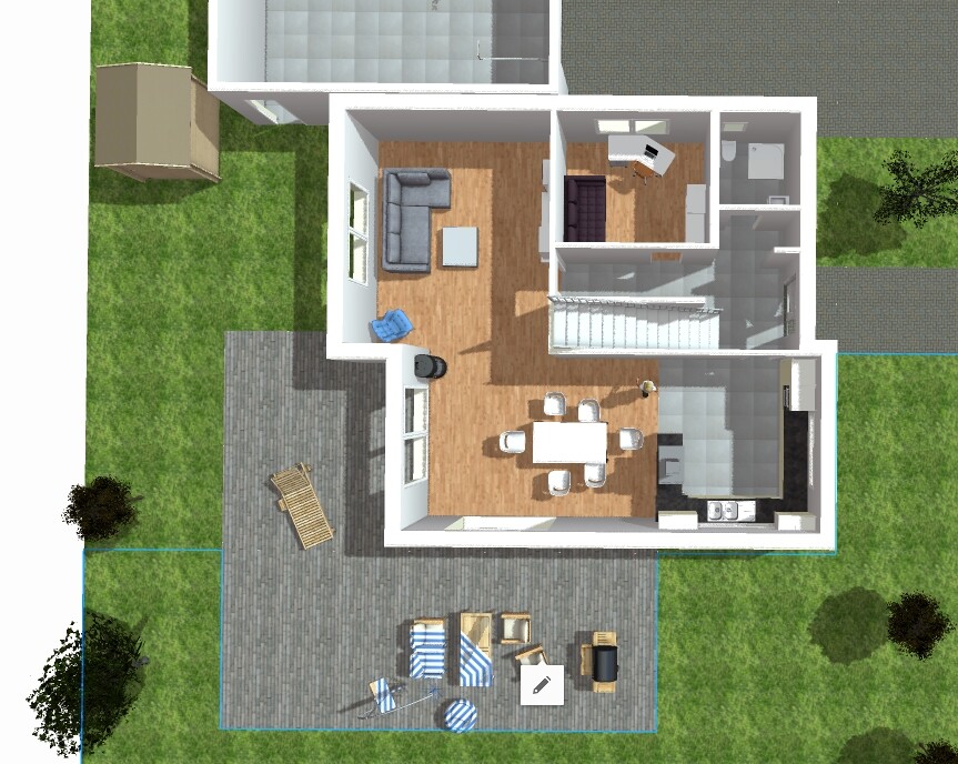 Draufsicht eines modernen Hausgrundrisses: Wohnzimmer, Essbereich, Küche, Arbeitsbereich und Garten.