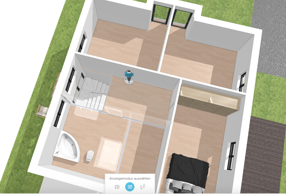 3D-Hausgrundriss: Treppe, Badewanne, Schlafzimmer mit Bett, zwei obere Räume, Person im Flur.