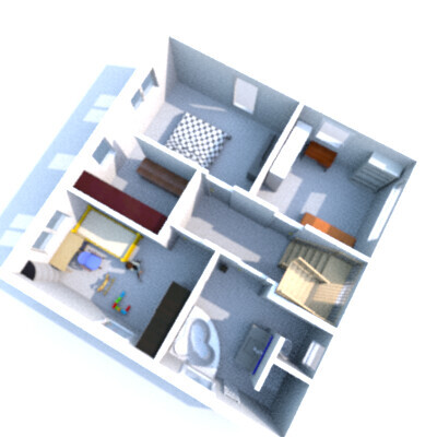 3D-Grundriss eines Hauses mit mehreren Zimmern, Treppe und Flur