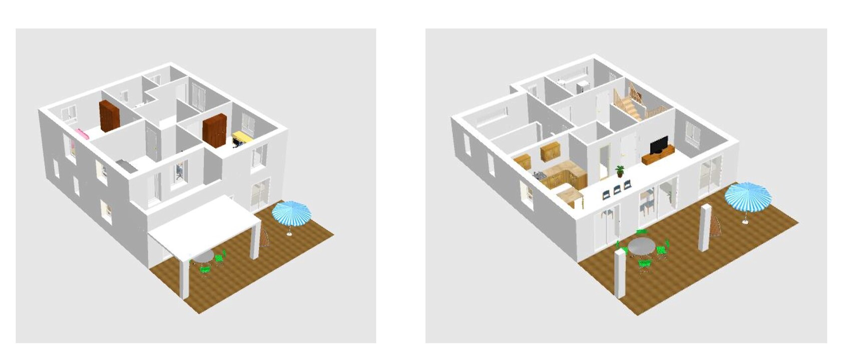 Zwei isometrische 3D-Grundrisse eines Hauses mit Terrasse und Gartenmöbeln