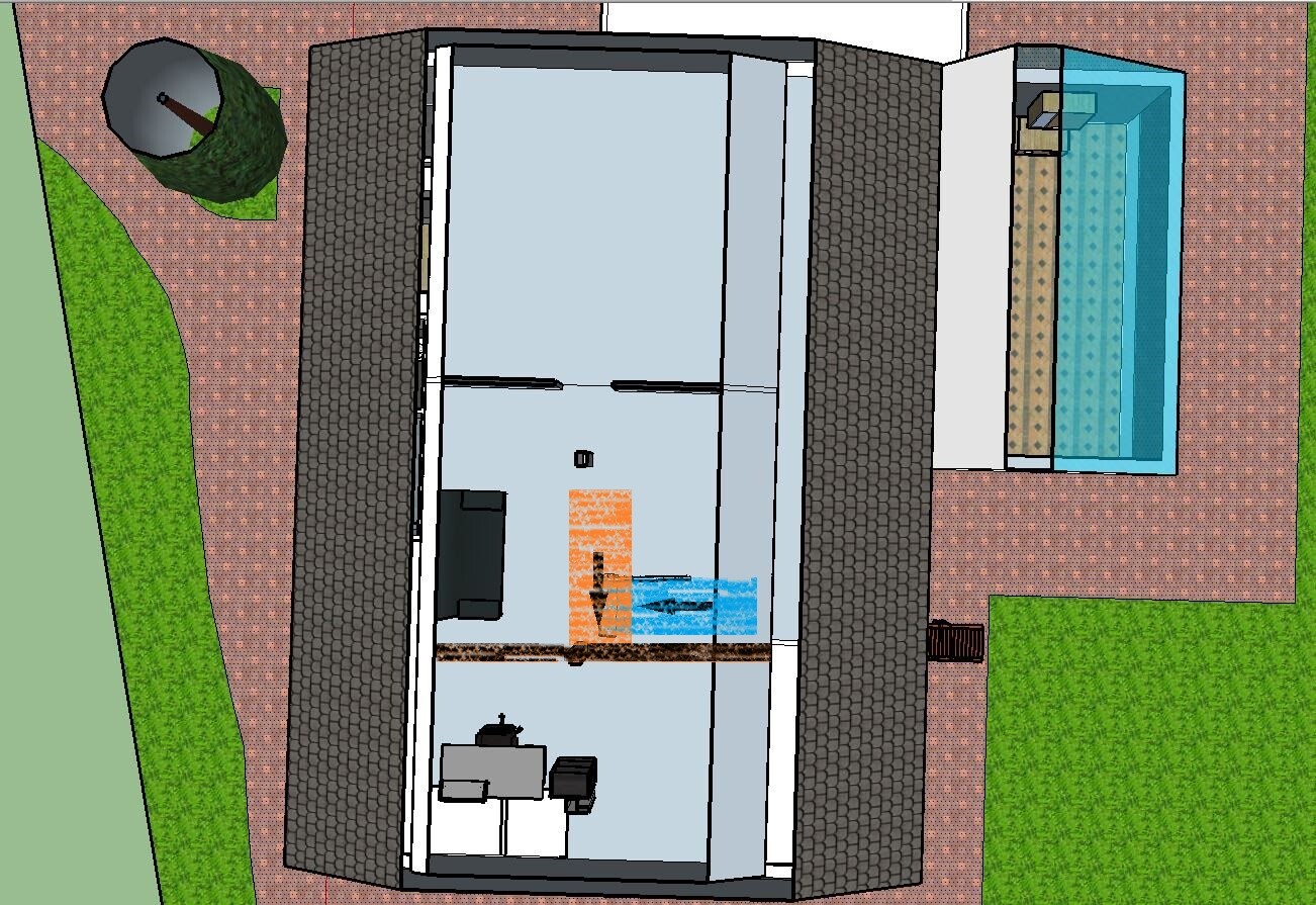 Vogelperspektive eines 3D-Grundrisses eines Hauses mit Terrasse und Pool