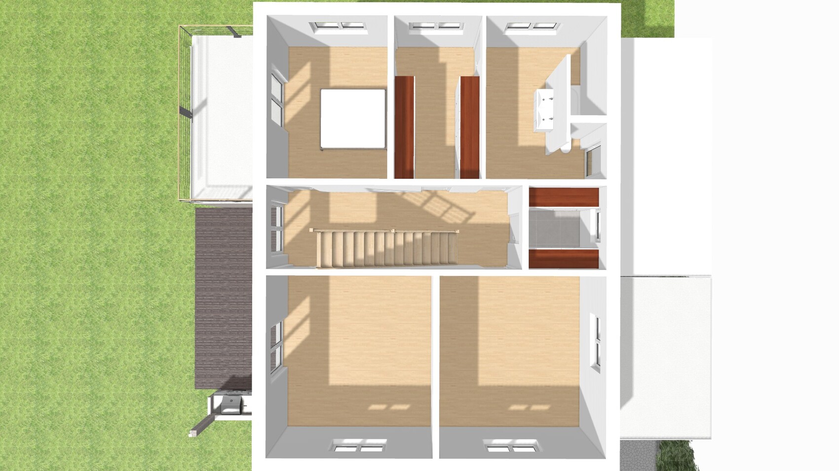 Grundriss eines Hauses von oben: mehrere Schlafzimmer, Bad, Treppe, Flur und Garten.