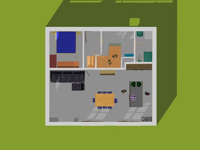 3D Grundriss eines Hauses mit Küche, Essbereich und Wohnzimmer aus Vogelperspektive