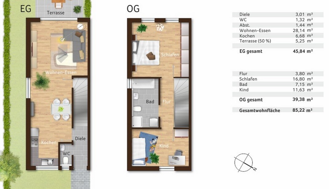 Zwei-Etagen-Grundriss eines Hauses mit Wohnzimmer, Küche, Bad und Schlafzimmer.