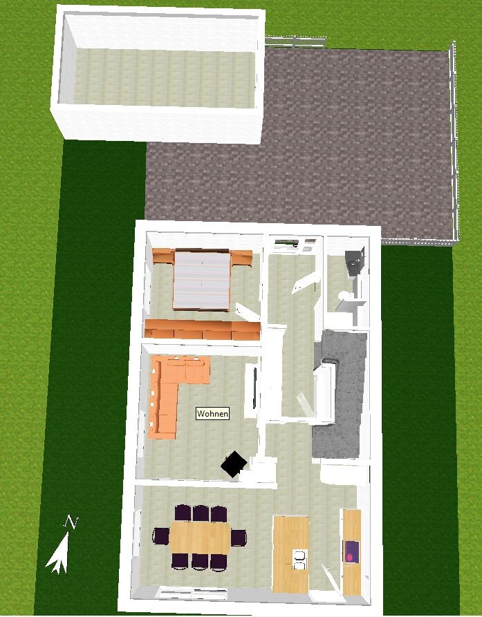Isometrischer Grundriss eines Hauses: Wohnzimmer, Küche, Essbereich, Schlafzimmer, Bad
