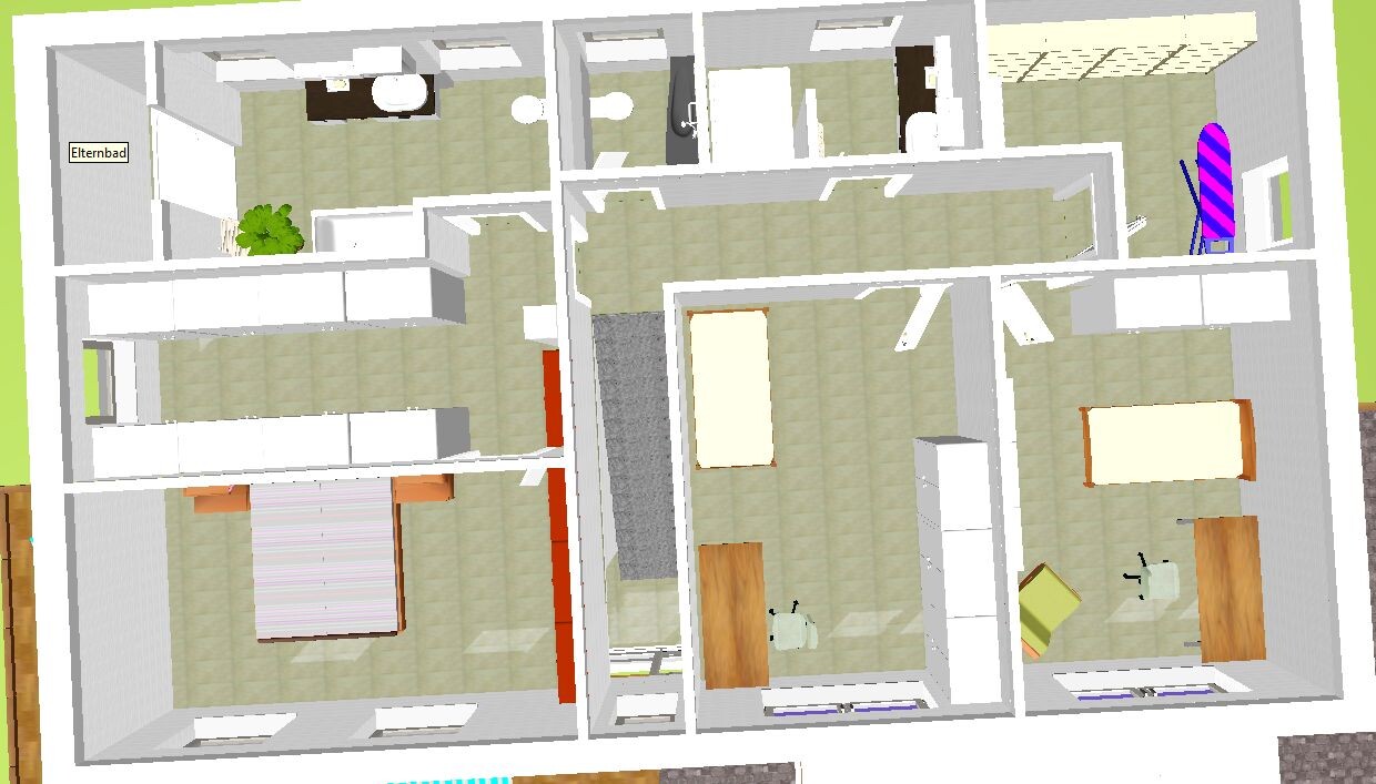 3D-Grundriss eines Wohnhauses mit mehreren Zimmern, Möbeln und Fluren