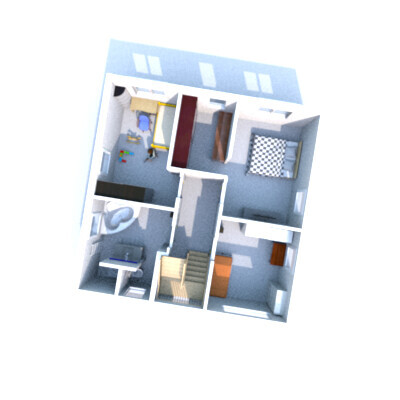 Isometrischer 3D-Grundriss eines Hauses mit mehreren Zimmern und Treppenaufgang