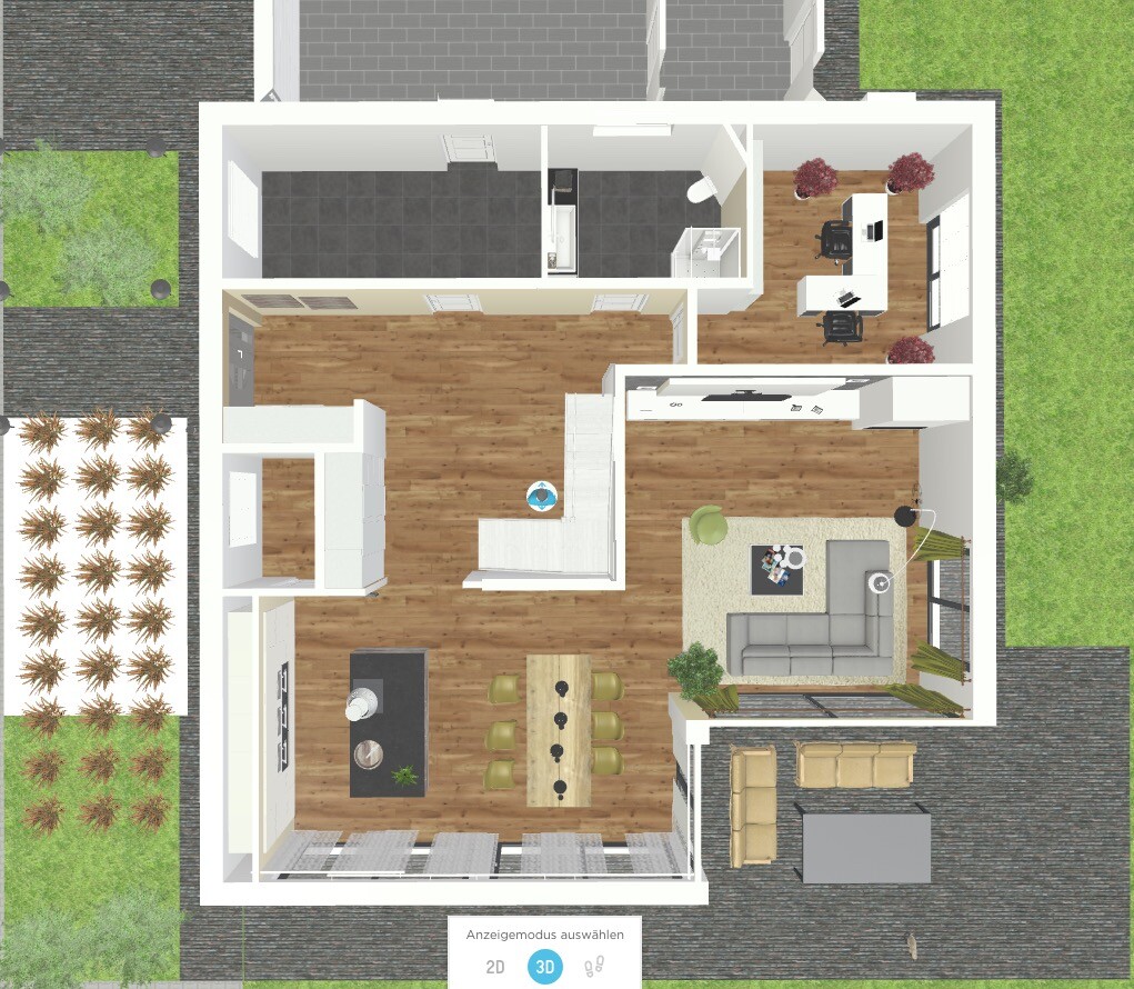 3D-Grundriss: Offenes Wohnzimmer, Küche mit Esstisch, Bürobereich, Gartenansicht