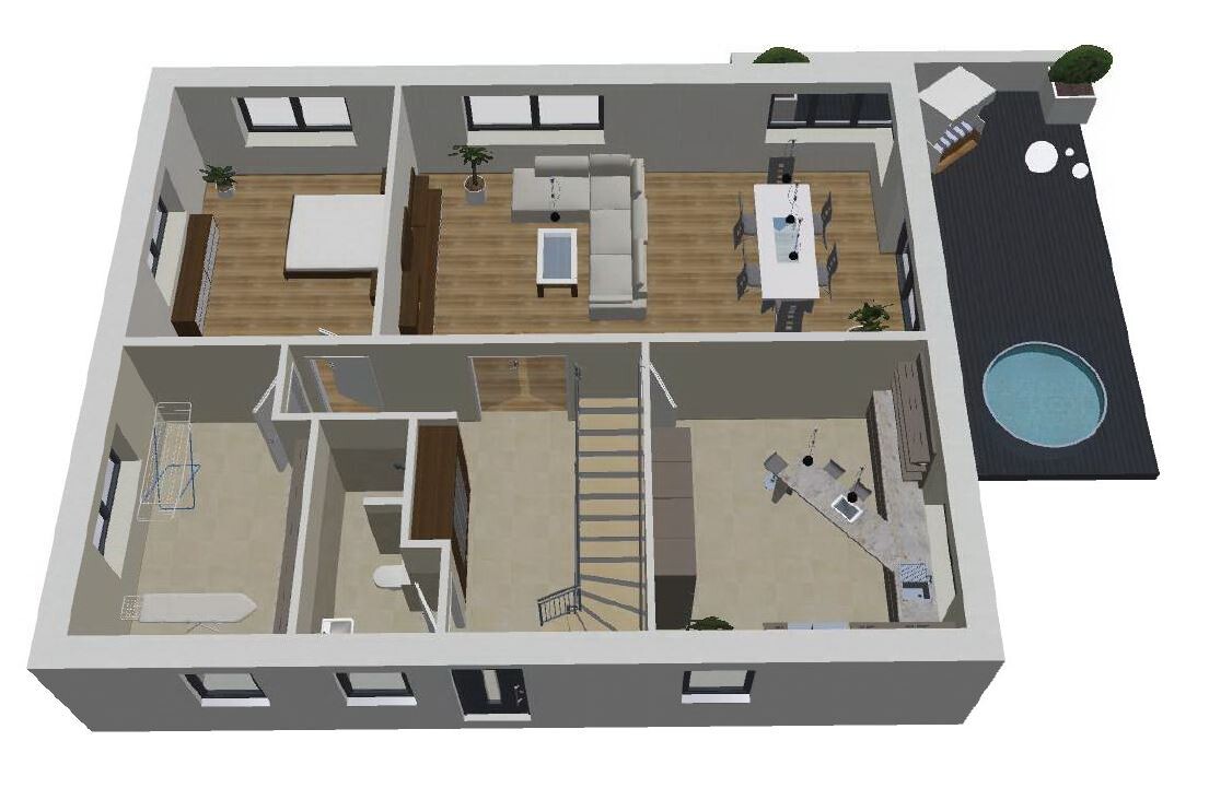 3D-Grundriss eines Hauses: Wohnzimmer, Küche, Schlafzimmer, Bad, Büro, Treppe, Außenbereich