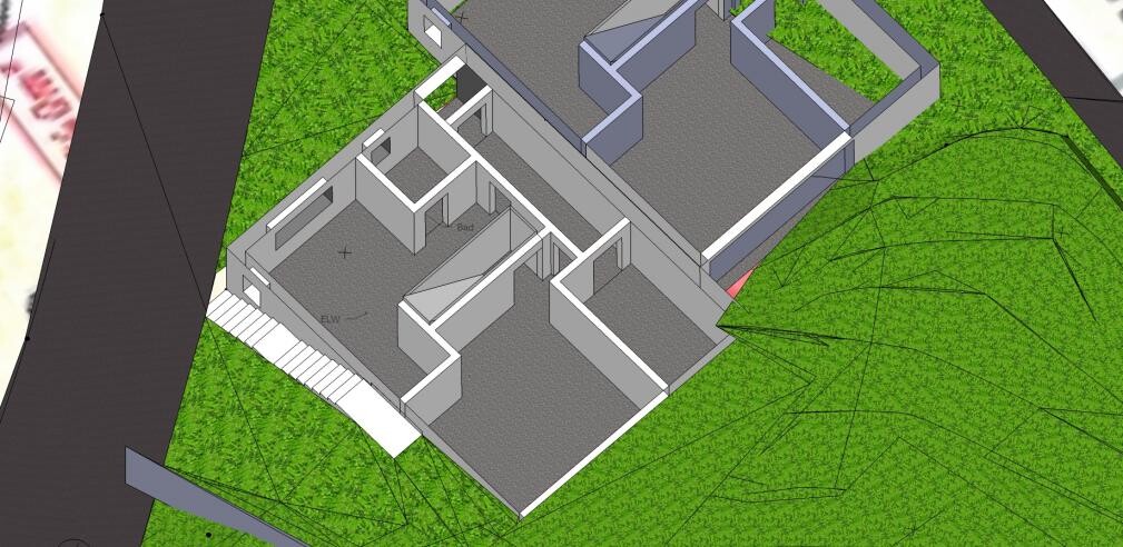 3D-Grundriss eines Hauses auf Hanggrundstück mit Innenwänden sichtbar