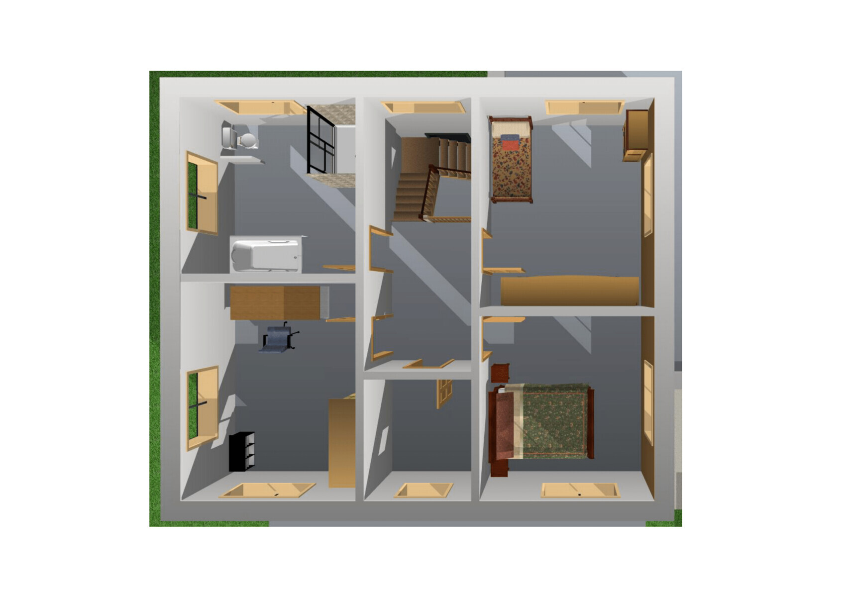 Isometrischer Grundriss eines Hauses: mehrere Räume, Treppe, Möbel und Gartenrand außen