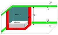 3D-Grundriss eines Hauses mit Keller und blauen Innenräumen, rote Außenwände.