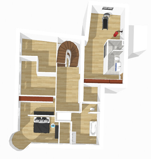 3D-Top-Down-Grundriss einer Wohnung mit Treppe, Schlafzimmer, Bad und Küche.
