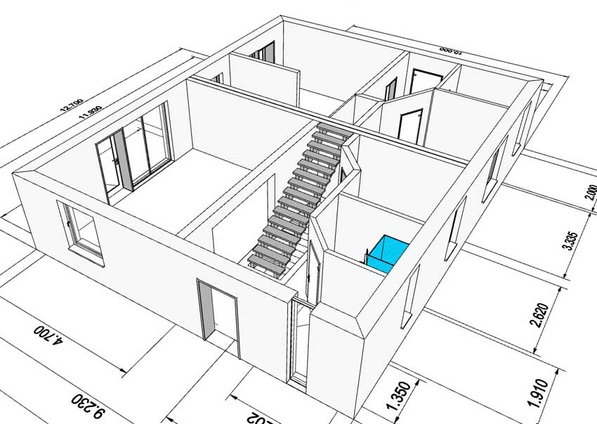 3D-Architekturzeichnung eines Haus-Grundrisses mit Treppe, Innenwänden und blauem Element