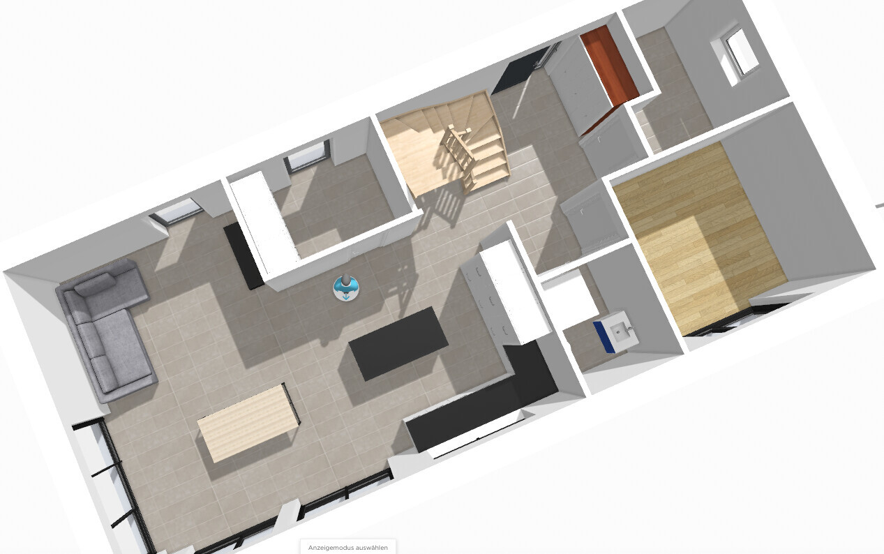 3D-Grundriss einer Wohnung: Wohnbereich mit Sofa, Esstisch, Küche, Treppe.