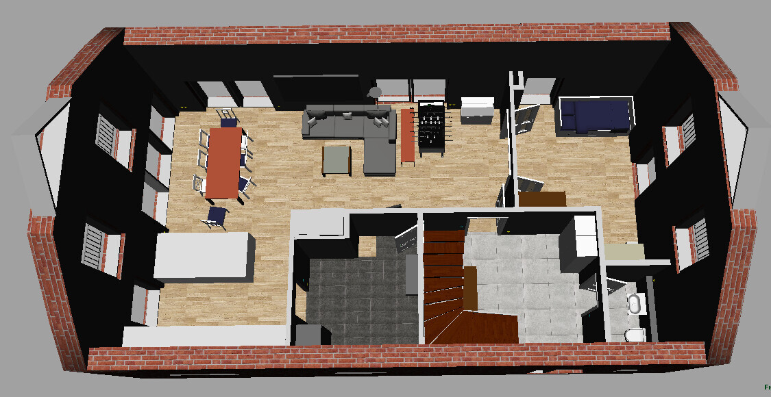 Top-down 3D-Grundriss eines Hauses mit Wohnzimmer, Essbereich, Küche, Flur und Treppen
