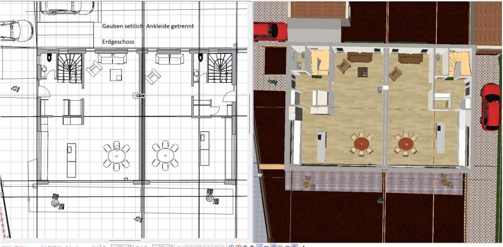 Beidseitiges Planbild: linker Grundriss, rechter 3D-Wohnungsplan mit Möbeln, Treppen und Autos.