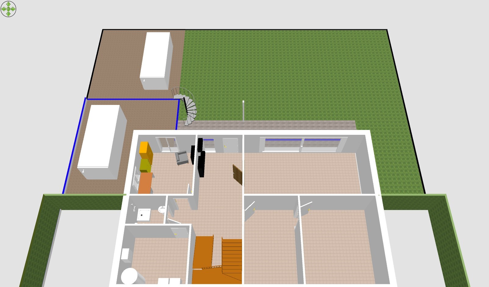 Isometrischer 3D-Grundriss eines Hauses mit Innenräumen, Treppen und Garten.