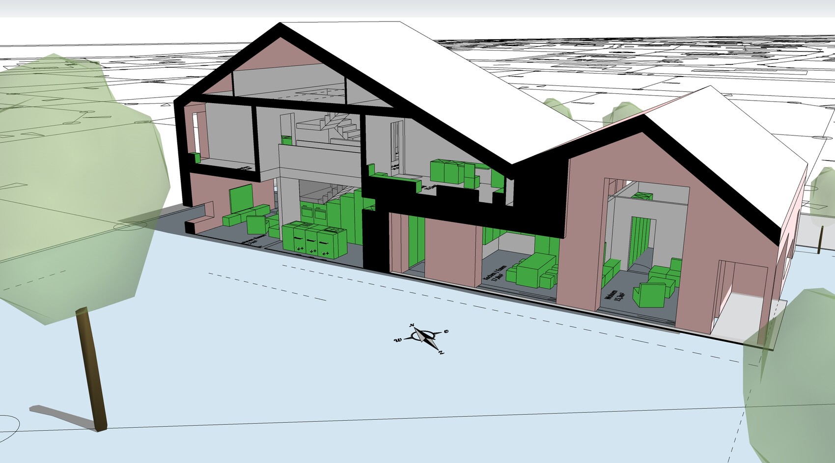 3D-Hausmodell mit Innenansicht, Grundriss und grün markierte Möbelblöcke
