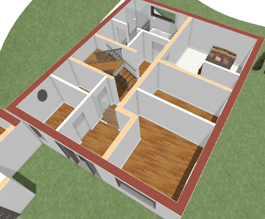 Isometrischer Hausgrundriss: Räume, Flure, Treppenhaus, Schlafzimmer und Bodenbeläge.