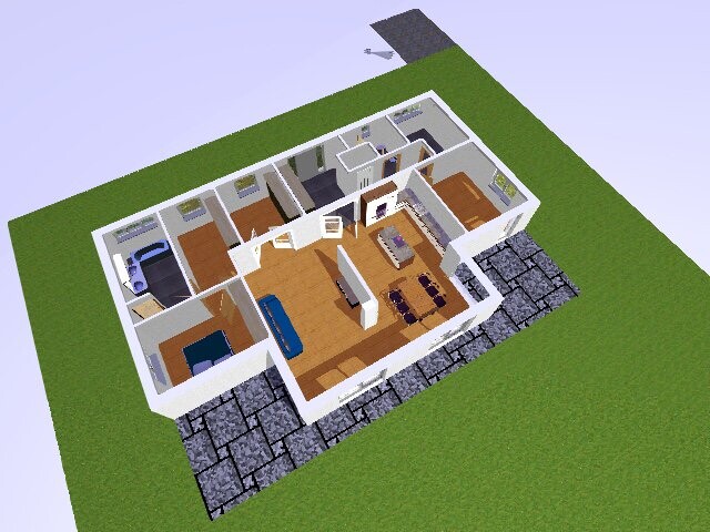 3D-Hausmodell von oben: Wohnzimmer, Küche, Schlafzimmer, Bad und Gehweg rund ums Haus.