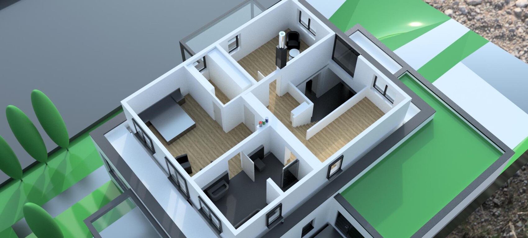 Isometrischer 3D-Grundriss eines Hauses mit Zimmern und Fenstern